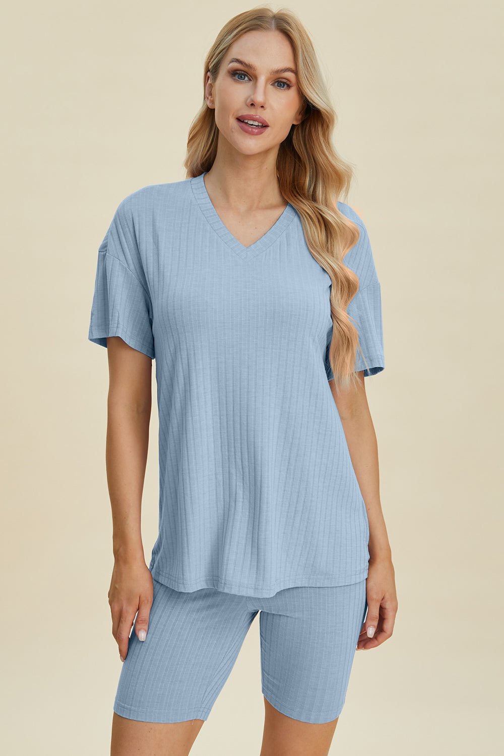 Basic Bae Full Size Ribbed V - Neck Short Sleeve Top and Shorts Set - Bella Blue Styles