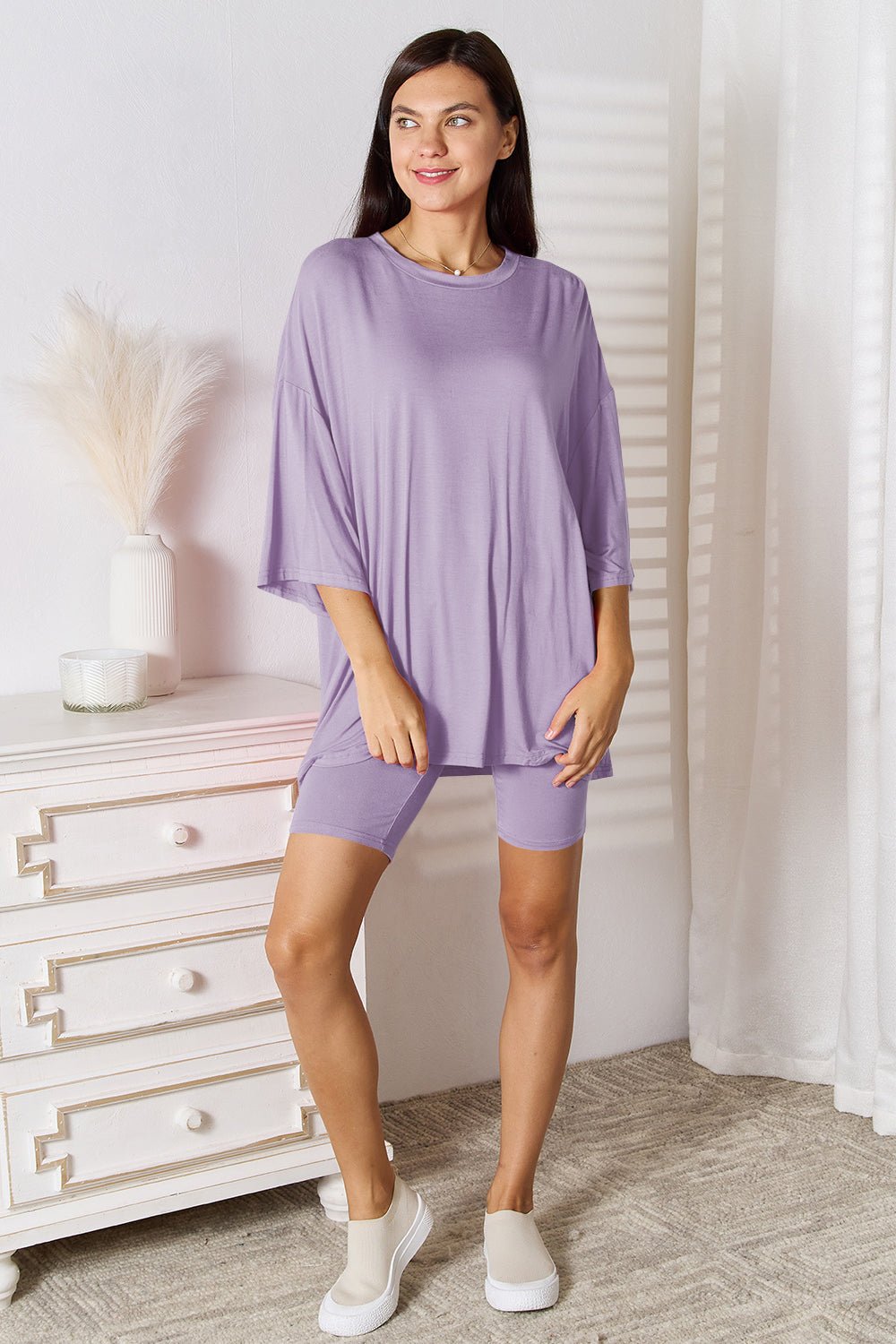 Basic Bae Full Size Soft Rayon Three - Quarter Sleeve Top and Shorts Set - Bella Blue Styles