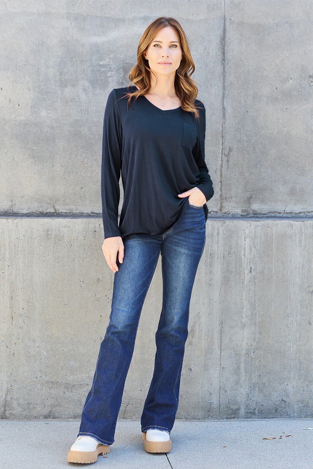 Basic Bae Full Size V - Neck Long Sleeve Top - Bella Blue Styles