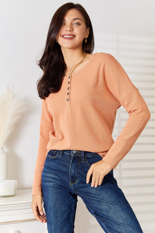 Basic Bae Half Button Long Sleeve Top - Bella Blue Styles