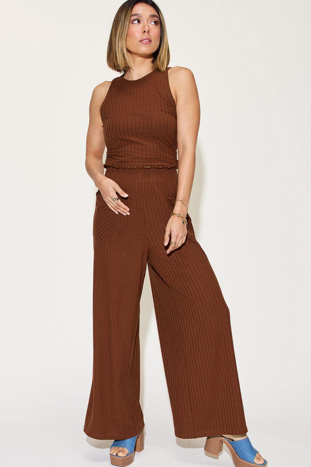 Basic Bae Ribbed Tank and Wide Leg Pants Set - Bella Blue Styles