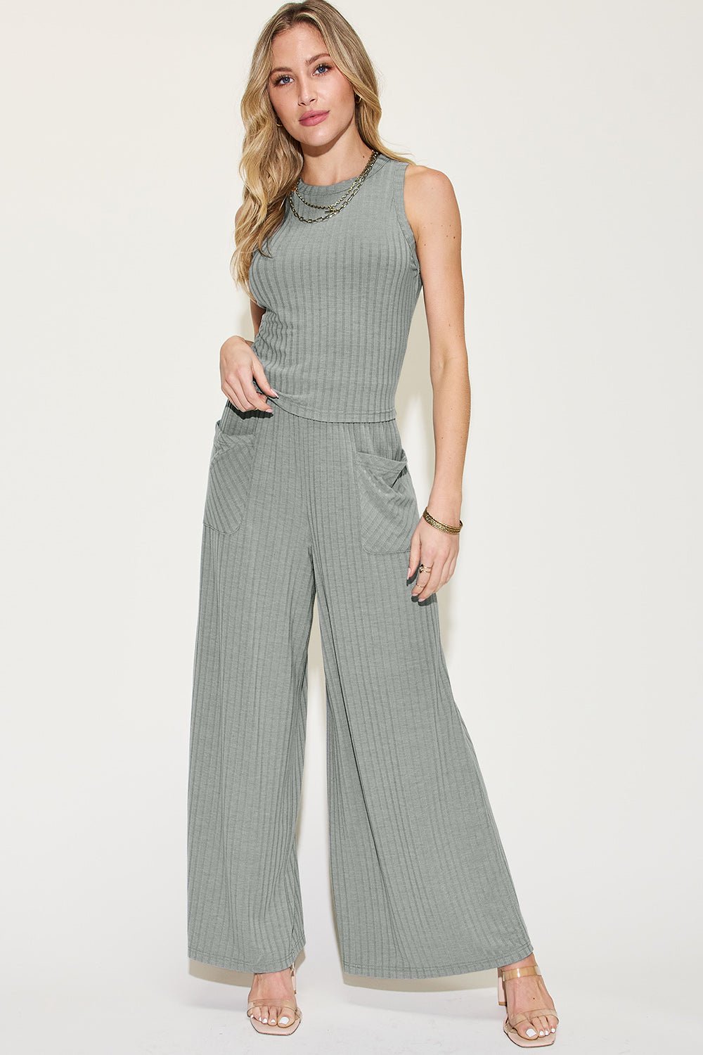 Basic Bae Ribbed Tank and Wide Leg Pants Set - Bella Blue Styles