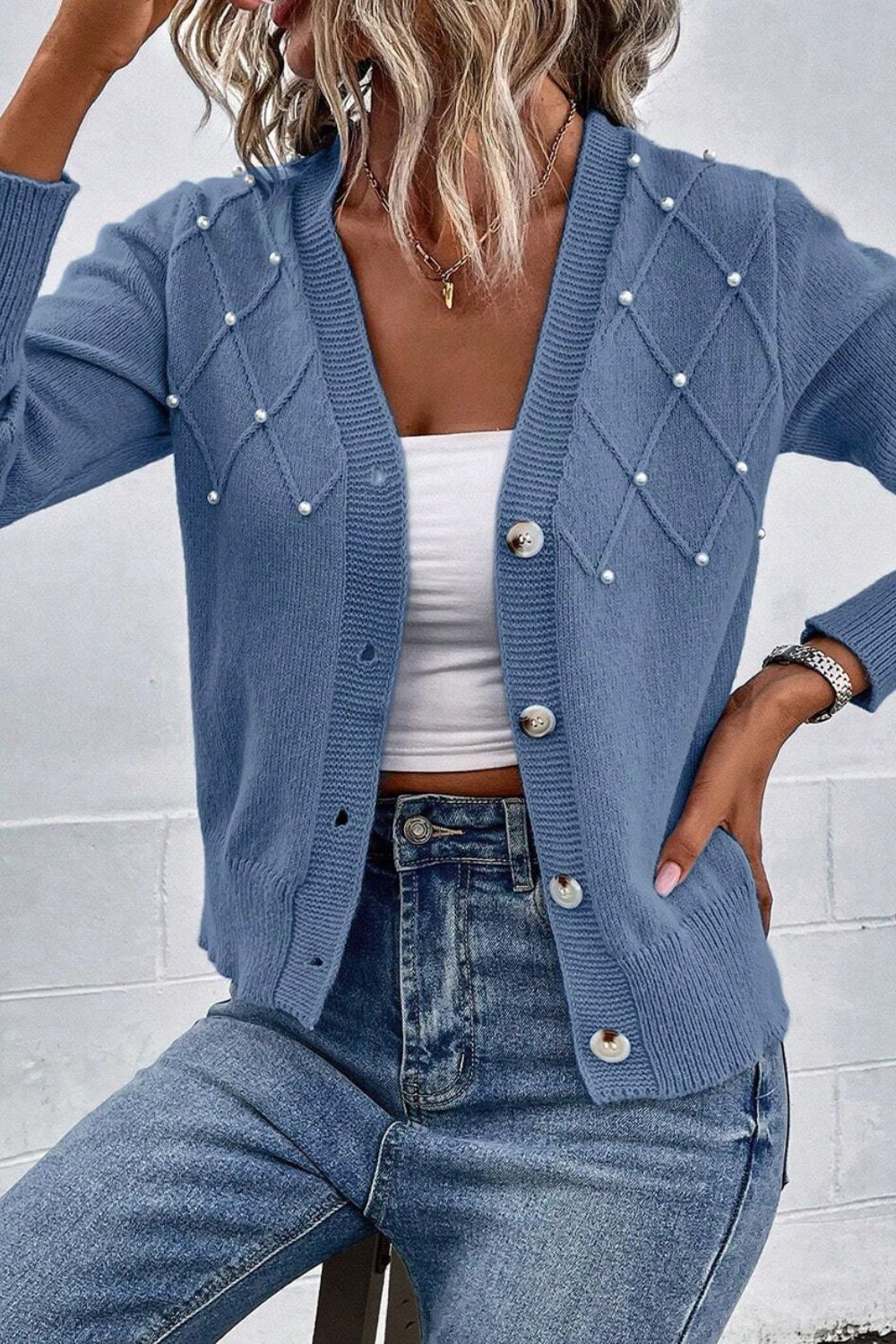 Beaded V - Neck Button Up Long Sleeve Cardigan - Bella Blue Styles