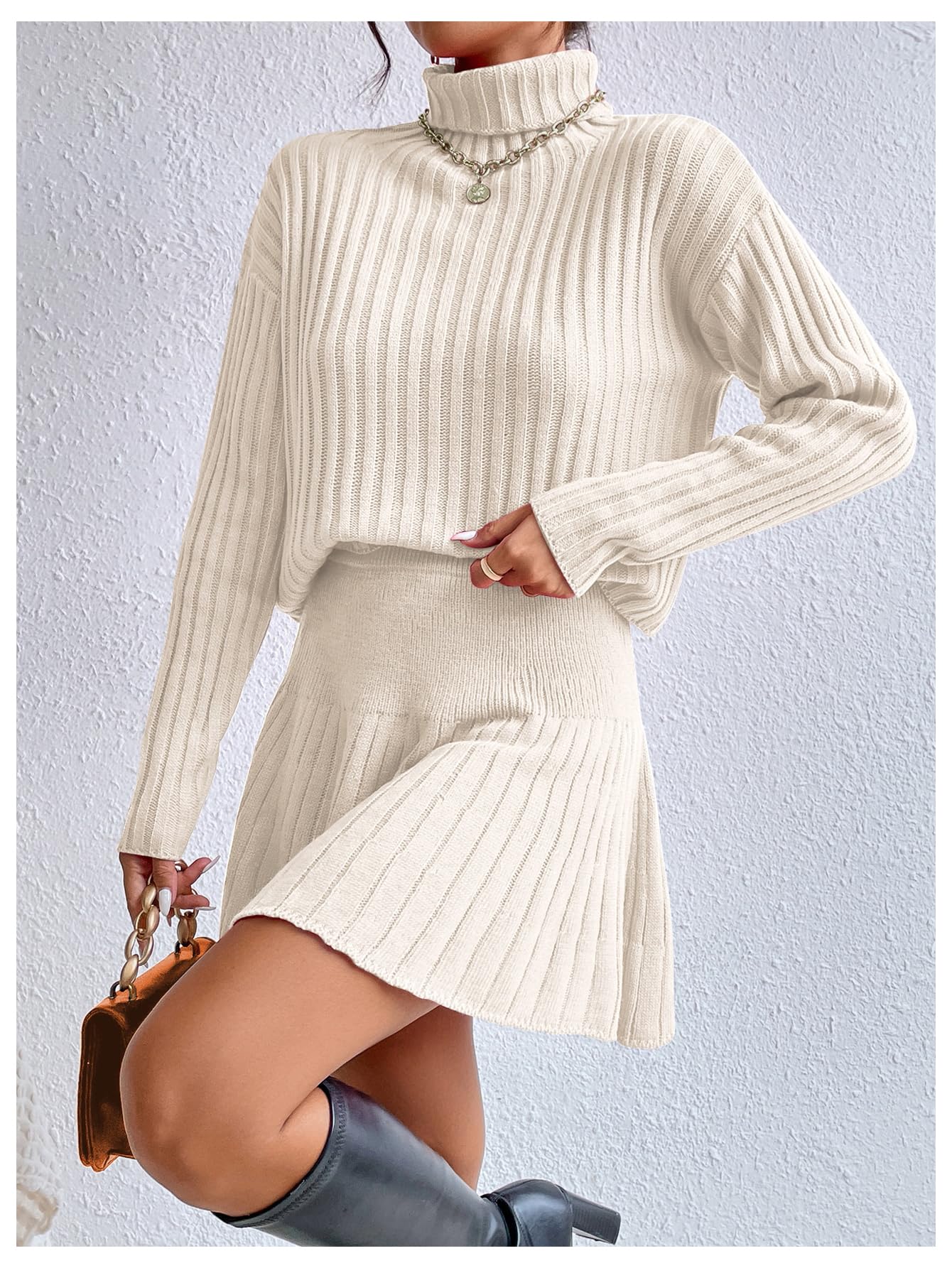 BEAUDRM Women's 2 Piece Outfits Long Sleeve Turtleneck Drop Shoulder Ribbed Knit Sweater and Ruffle Mini Sweater Skirt Set Beige Large - Bella Blue Styles