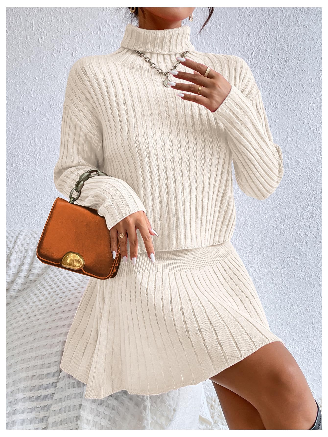 BEAUDRM Women's 2 Piece Outfits Long Sleeve Turtleneck Drop Shoulder Ribbed Knit Sweater and Ruffle Mini Sweater Skirt Set Beige Large - Bella Blue Styles