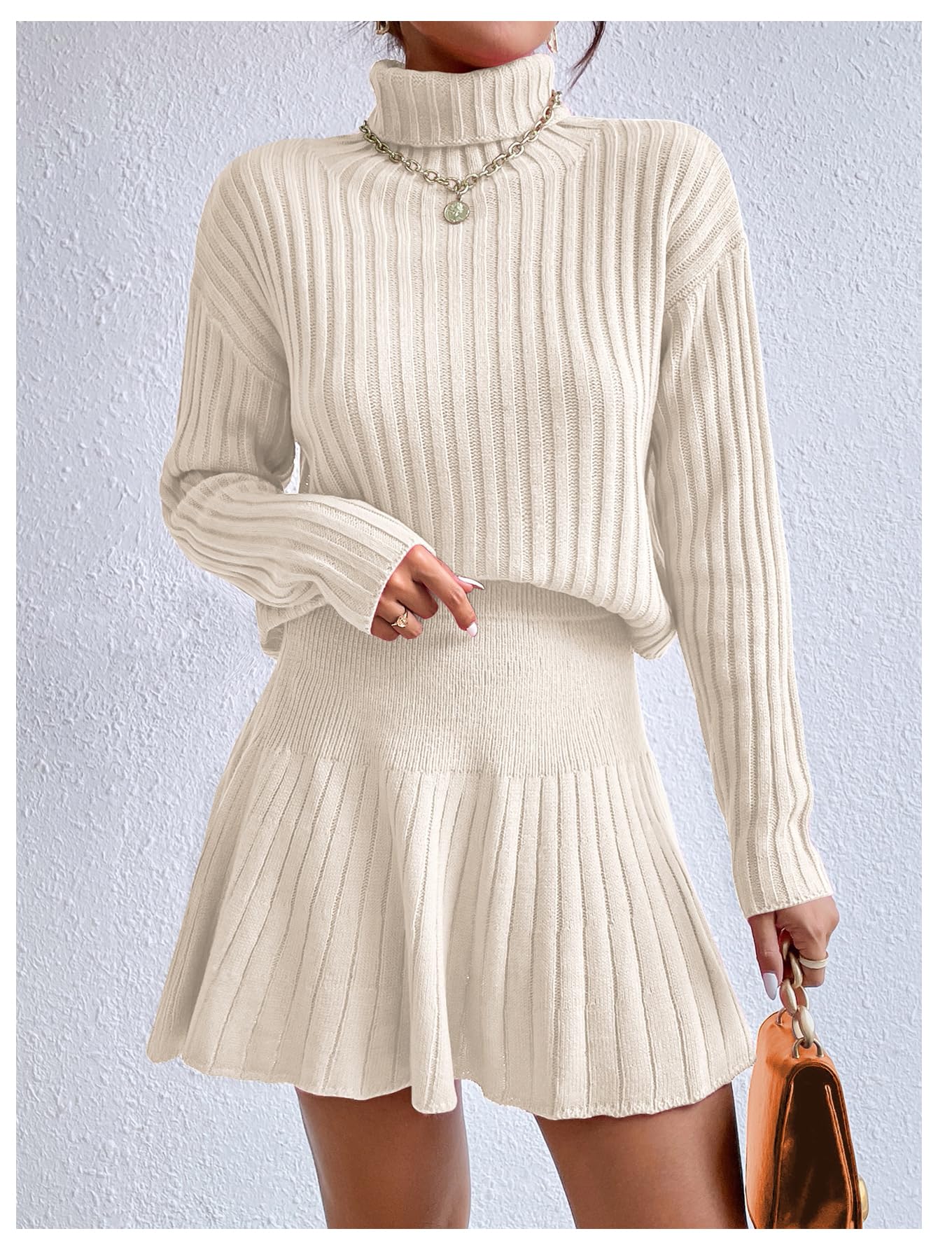 BEAUDRM Women's 2 Piece Outfits Long Sleeve Turtleneck Drop Shoulder Ribbed Knit Sweater and Ruffle Mini Sweater Skirt Set Beige Large - Bella Blue Styles