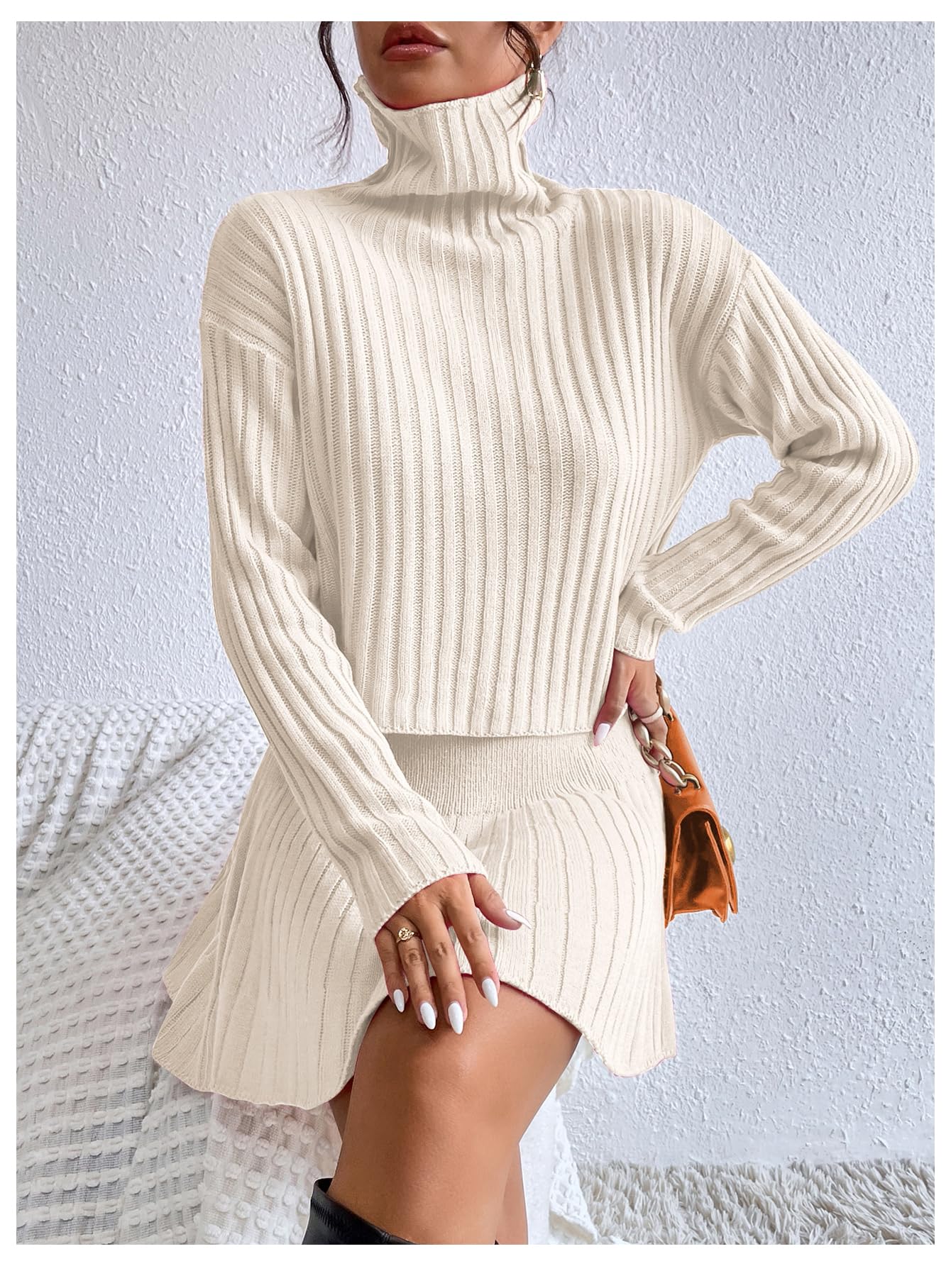 BEAUDRM Women's 2 Piece Outfits Long Sleeve Turtleneck Drop Shoulder Ribbed Knit Sweater and Ruffle Mini Sweater Skirt Set Beige Large - Bella Blue Styles