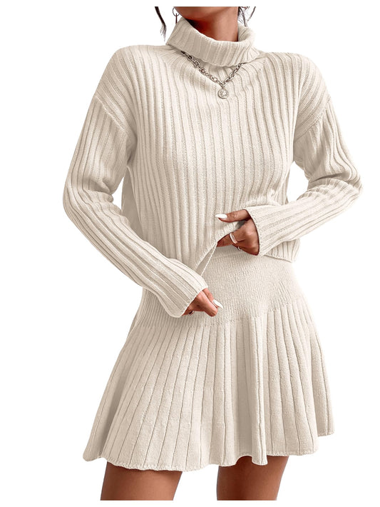 BEAUDRM Women's 2 Piece Outfits Long Sleeve Turtleneck Drop Shoulder Ribbed Knit Sweater and Ruffle Mini Sweater Skirt Set Beige Large - Bella Blue Styles