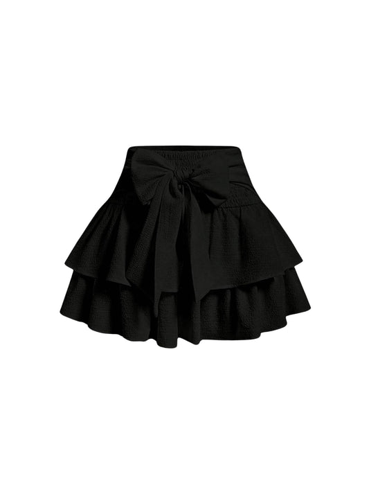 BEAUDRM Women's Bow Front Mini Skirt High Shirred Waist Layered Ruffle Hem Short Cake Skirts Black Small - Bella Blue Styles