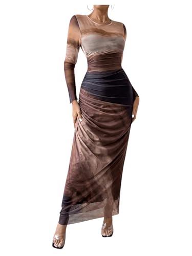 BEAUDRM Women's Tie Dye Ruched Long Sleeve Dress Mesh Slim Fit Bodycon Maxi Dresses Coffee Brown Small - Bella Blue Styles