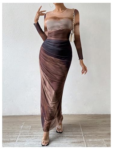 BEAUDRM Women's Tie Dye Ruched Long Sleeve Dress Mesh Slim Fit Bodycon Maxi Dresses Coffee Brown Small - Bella Blue Styles