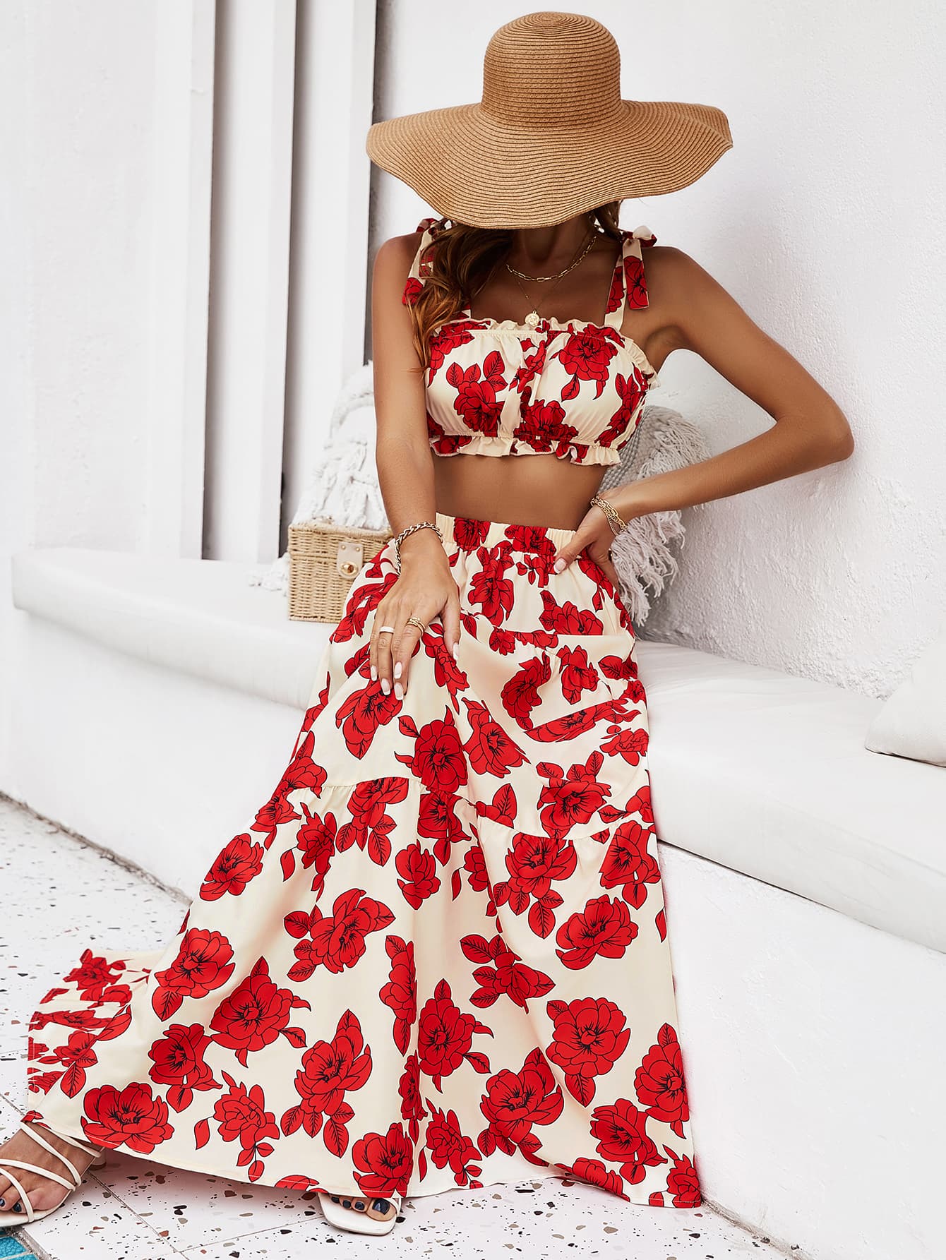 Bella 2 Piece Floral Crop Top with Long Skirt - Bella Blue Styles