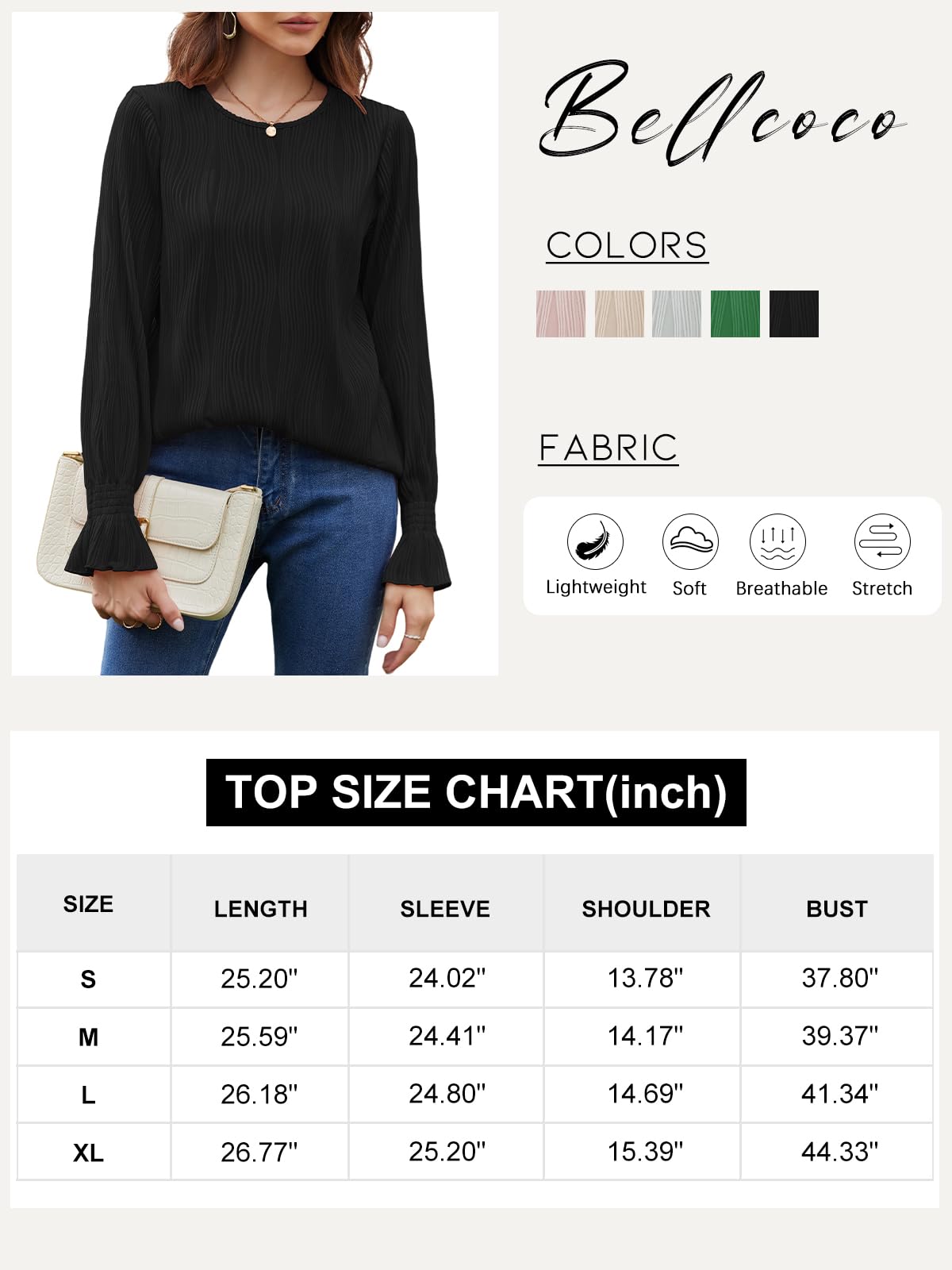 Bellcoco 2024 Trendy Wave Pattern Ruffle Bubble Sleeve Tops - Womens Loose Fit Cute Lantern Long Sleeve Blouse Crewneck Shirts, Perfect for Festivals and Business Casual Outfits Black - Bella Blue Styles