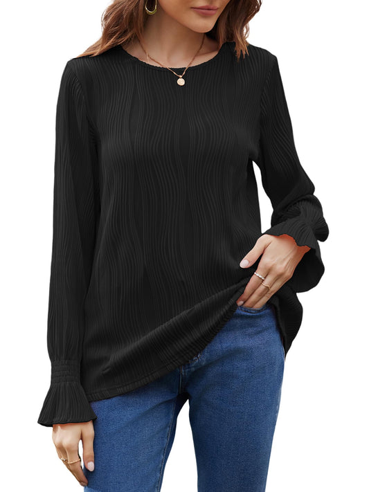 Bellcoco 2024 Trendy Wave Pattern Ruffle Bubble Sleeve Tops - Womens Loose Fit Cute Lantern Long Sleeve Blouse Crewneck Shirts, Perfect for Festivals and Business Casual Outfits Black - Bella Blue Styles