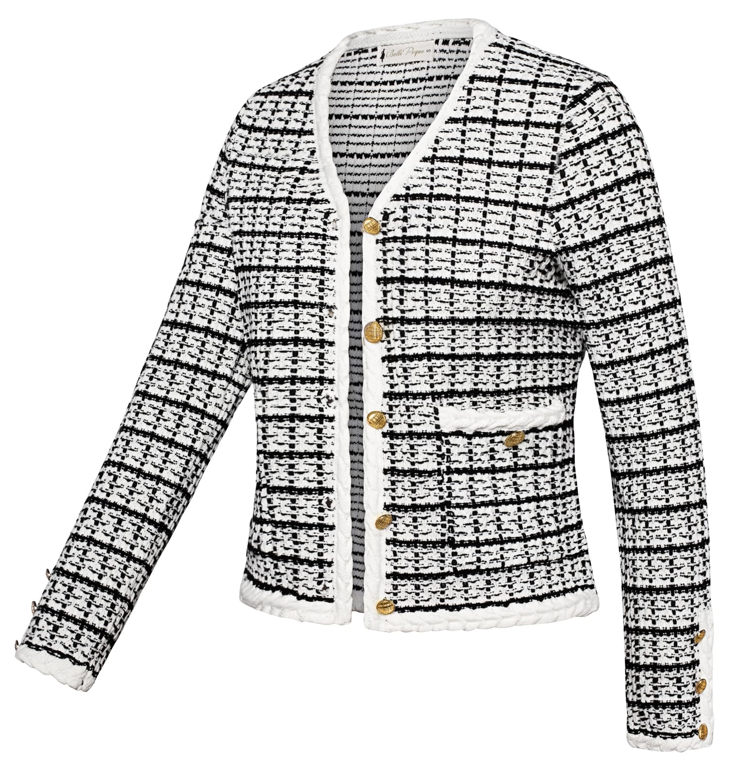 Belle Poque Women Cardigan Sweaters Tweed Jacket V Neck Sweater Blazer with Button for Fall Spring White and Black XL - Bella Blue Styles