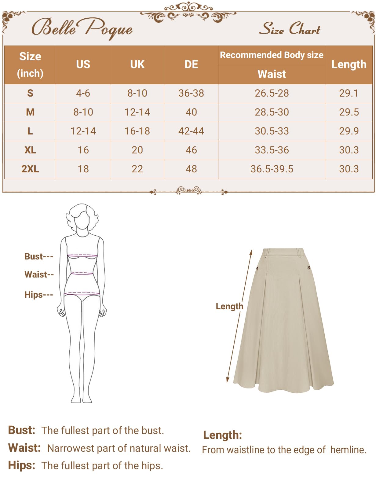 Belle Poque Women's Elastic High Waist Pleated Midi Skirts A - line Swing Corduroy Skirt with Pockets Beige Small - Bella Blue Styles