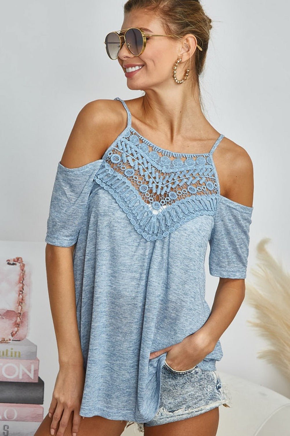 BiBi Front Crochet Lace Adjustable Strap Top - Bella Blue Styles