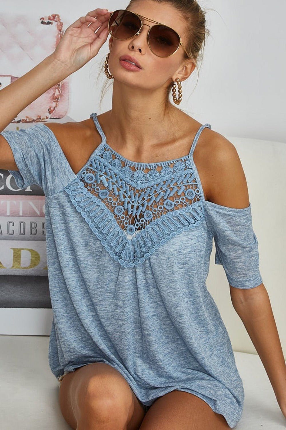 BiBi Front Crochet Lace Adjustable Strap Top - Bella Blue Styles