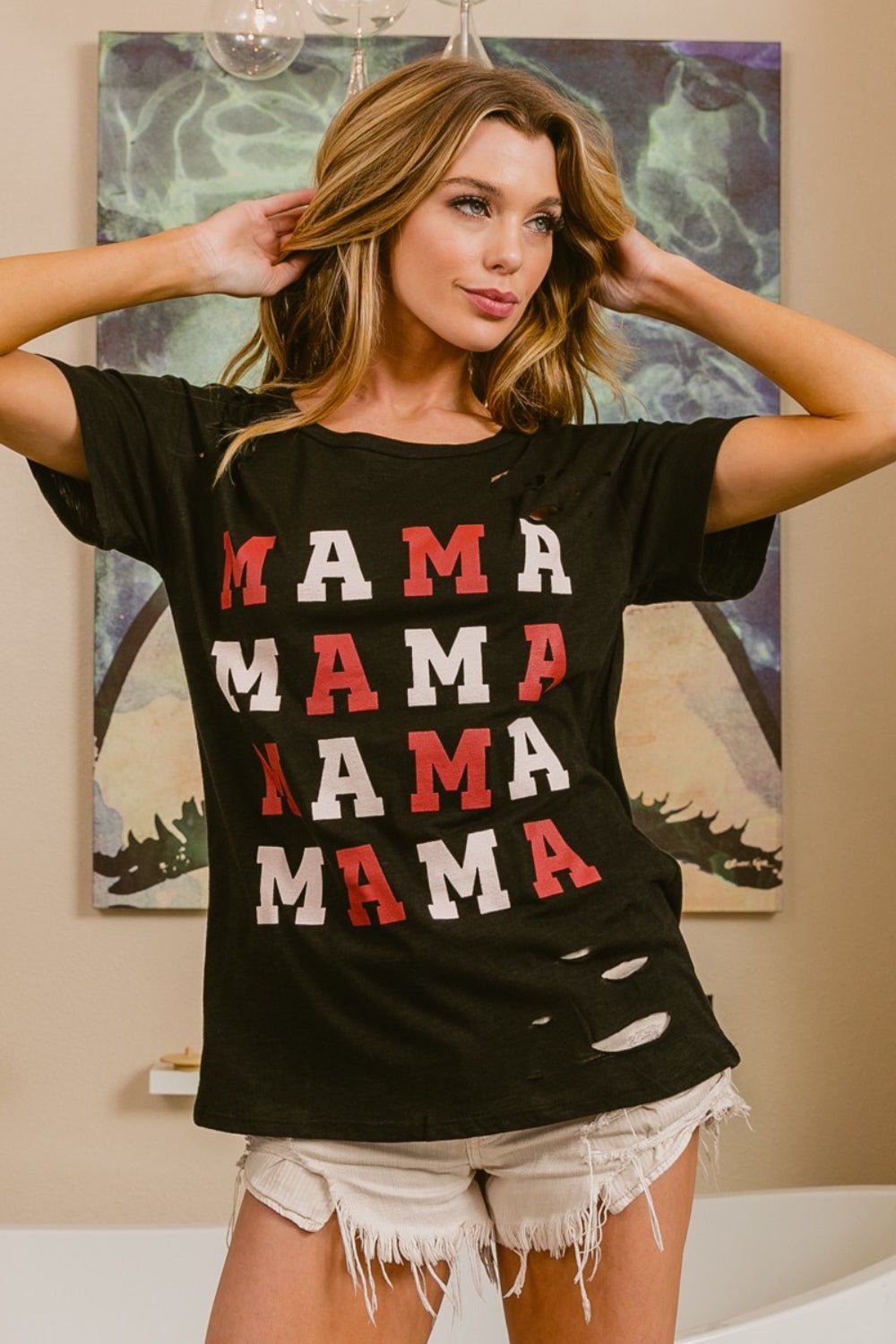 BiBi MAMA Graphic Distressed Short Sleeve T-Shirt - Bella Blue Styles