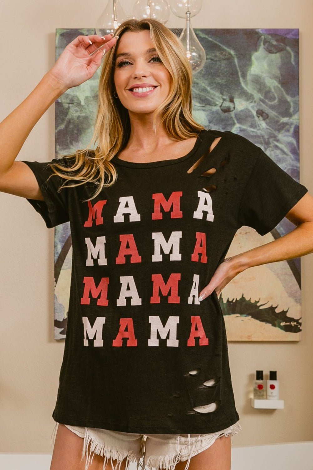 BiBi MAMA Graphic Distressed Short Sleeve T-Shirt - Bella Blue Styles