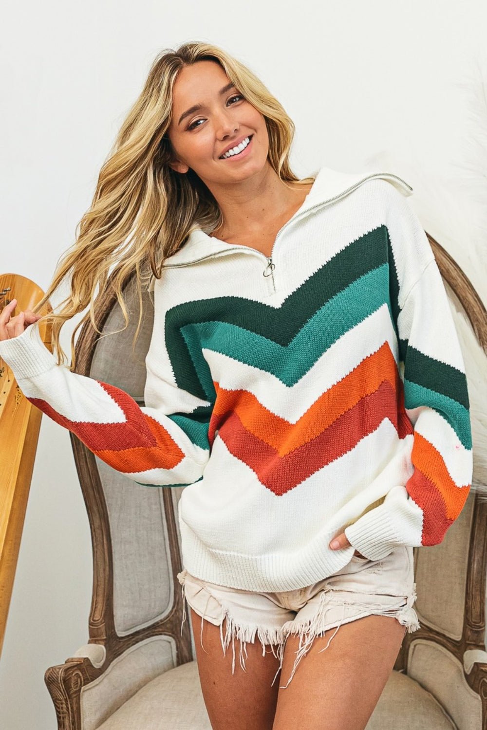 BiBi Multi Color Chevron Pattern Sweater - Bella Blue Styles