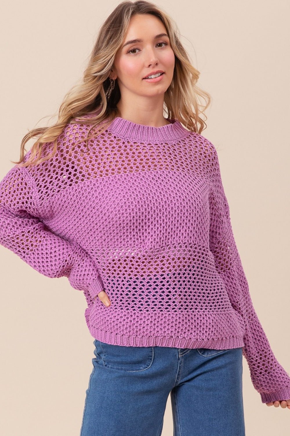 BiBi Openwork Long Sleeve Knit Top - Bella Blue Styles