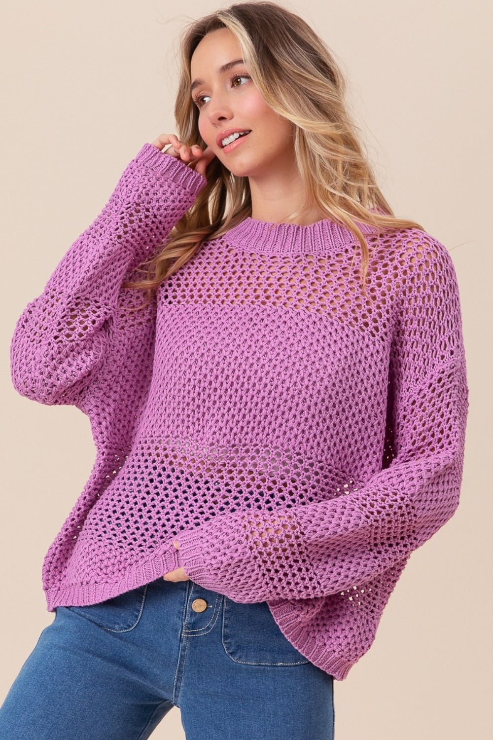 BiBi Openwork Long Sleeve Knit Top - Bella Blue Styles