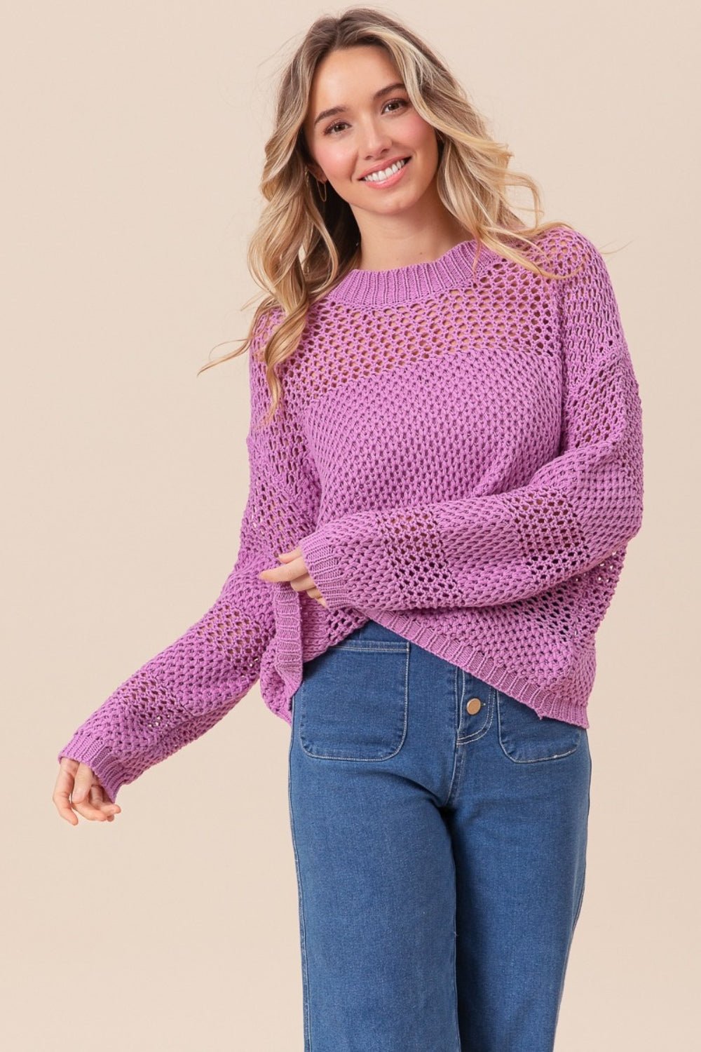 BiBi Openwork Long Sleeve Knit Top - Bella Blue Styles