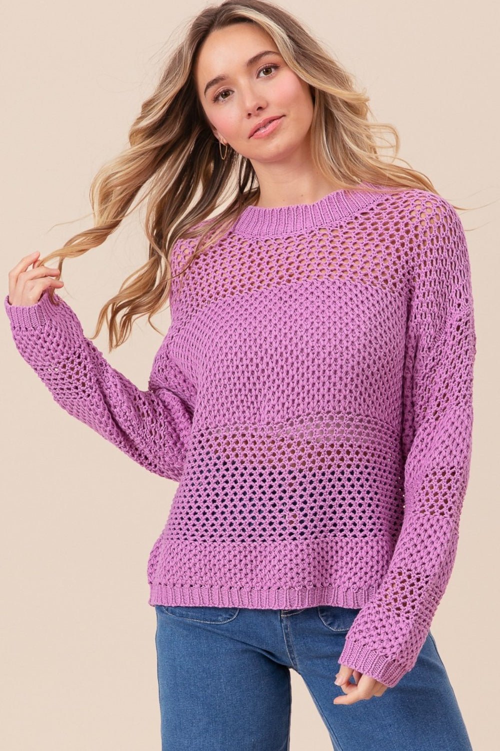 BiBi Openwork Long Sleeve Knit Top - Bella Blue Styles