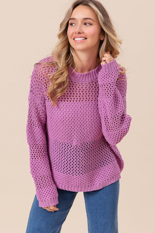 BiBi Openwork Long Sleeve Knit Top - Bella Blue Styles