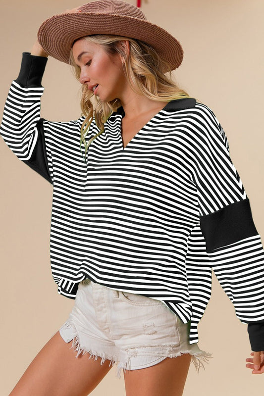 BiBi Striped Contrast Long Sleeve Knit Top - Bella Blue Styles