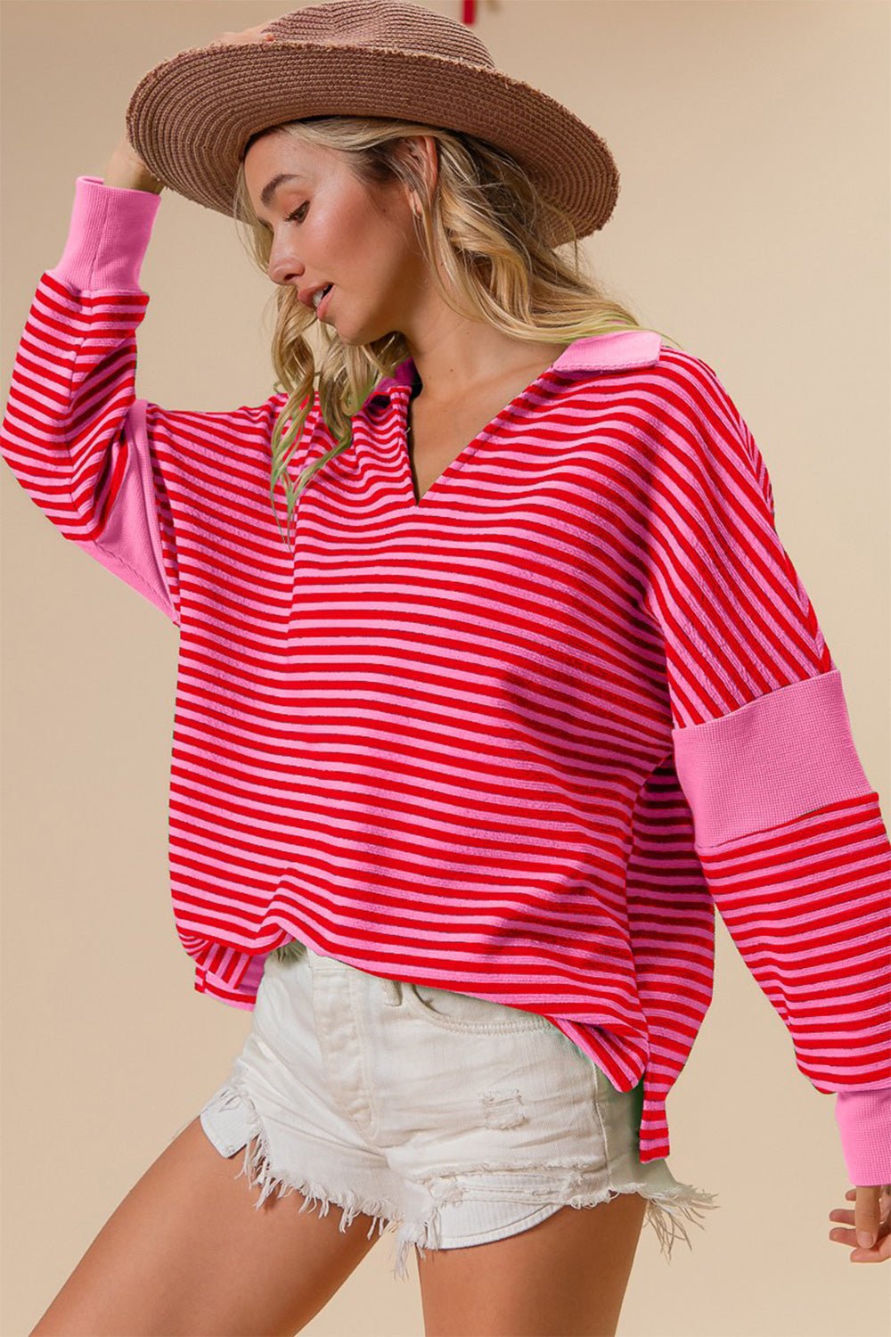 BiBi Striped Contrast Long Sleeve Knit Top - Bella Blue Styles