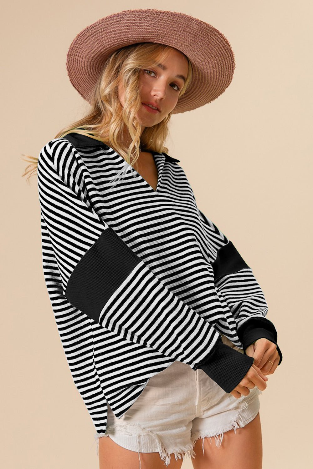 BiBi Striped Contrast Long Sleeve Knit Top - Bella Blue Styles