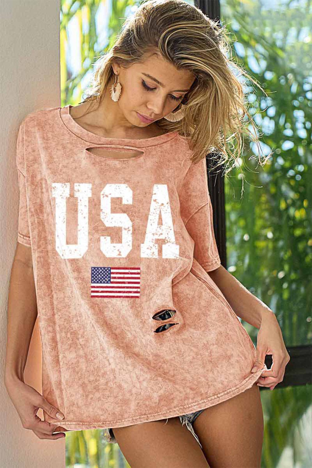 BiBi Washed American Flag Graphic Distressed T-Shirt - Bella Blue Styles