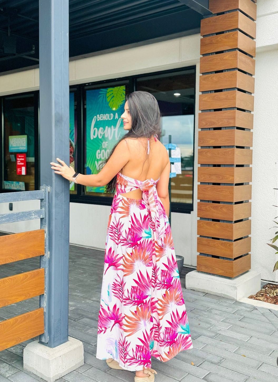 Botanical Print Tied Backless Cutout Slit Maxi Dress - Bella Blue Styles