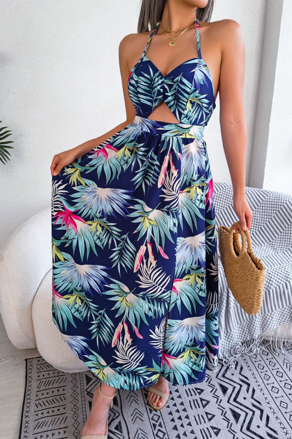 Botanical Print Tied Backless Cutout Slit Maxi Dress - Bella Blue Styles