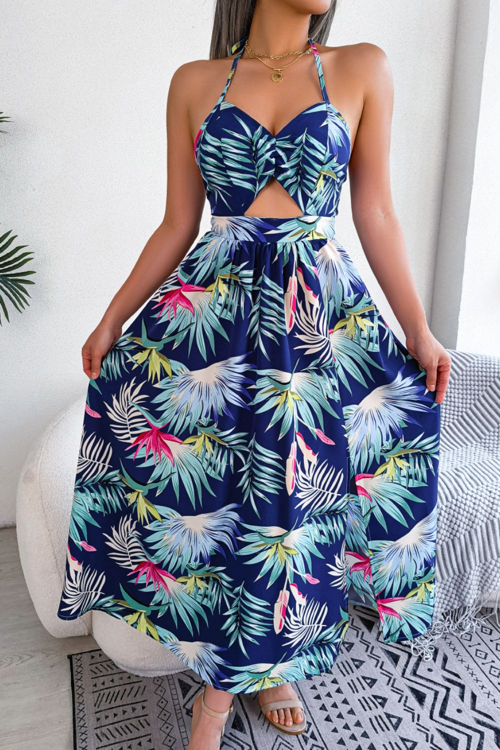 Botanical Print Tied Backless Cutout Slit Maxi Dress - Bella Blue Styles