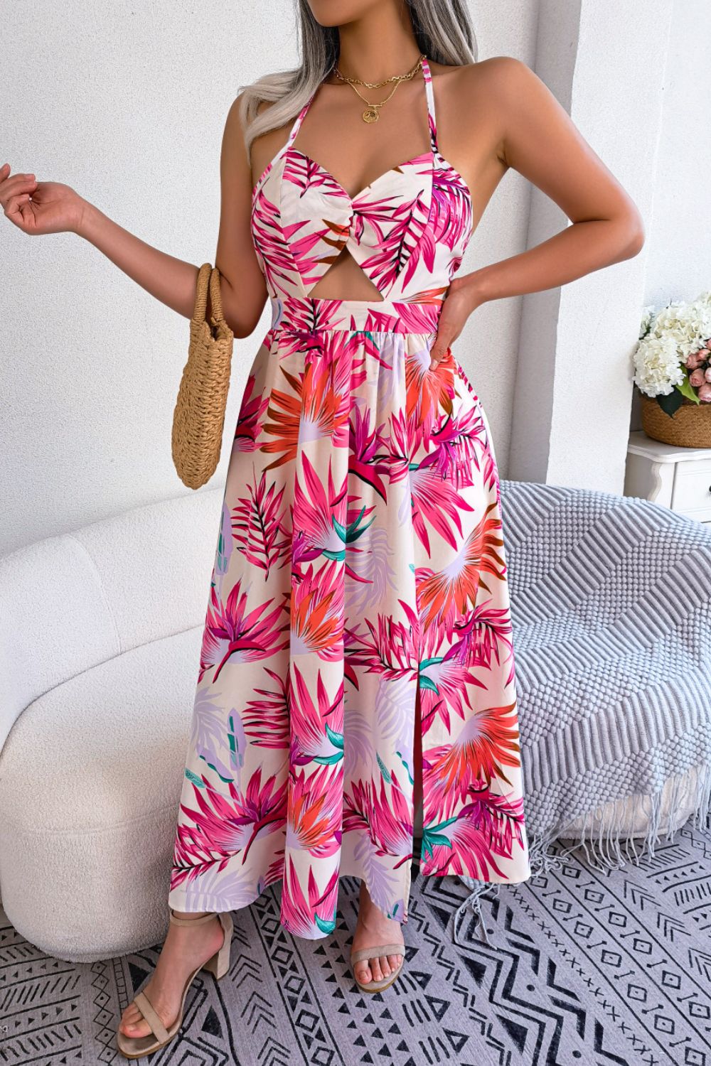 Botanical Print Tied Backless Cutout Slit Maxi Dress - Bella Blue Styles