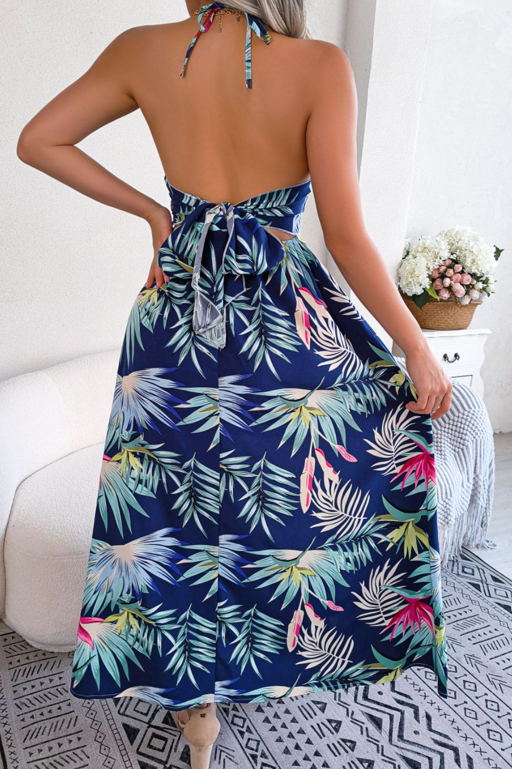 Botanical Print Tied Backless Cutout Slit Maxi Dress - Bella Blue Styles