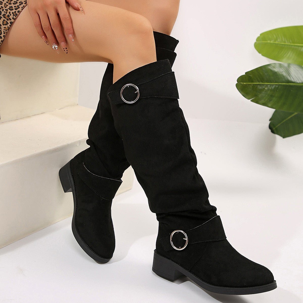 Buckle Round Toe Block Heel Boots - Bella Blue Styles