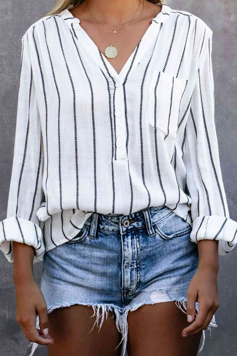 Cameron Striped V-Neck Shirt with Breast Pocket - Bella Blue Styles