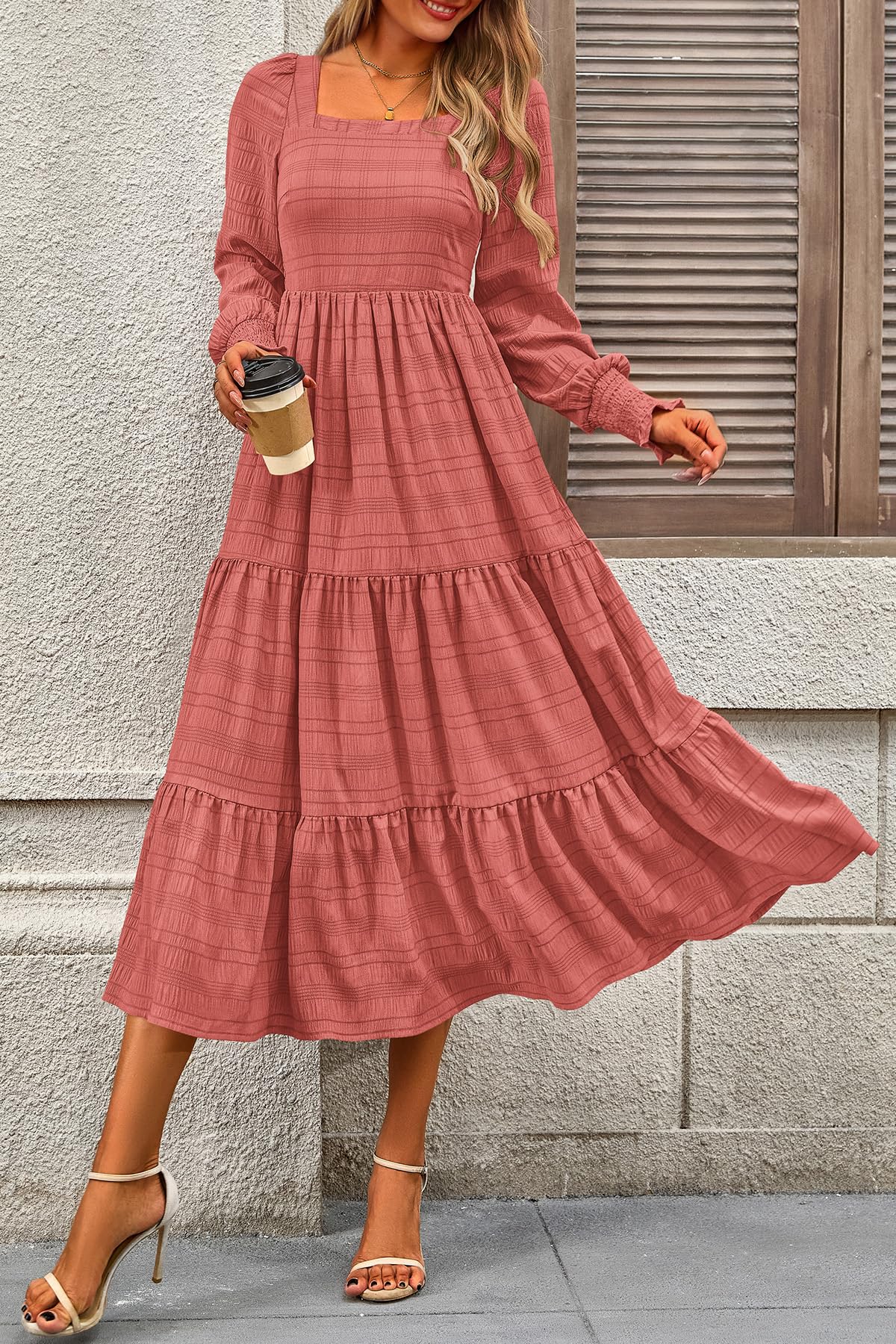 CFLONGE Women's Fall Dresses 2024 Puff Long Sleeve Square Neck Dress High Waist Smocked A - Line Flowy Wedding Party Maxi Dress(Bean Paste Pink,Small) - Bella Blue Styles