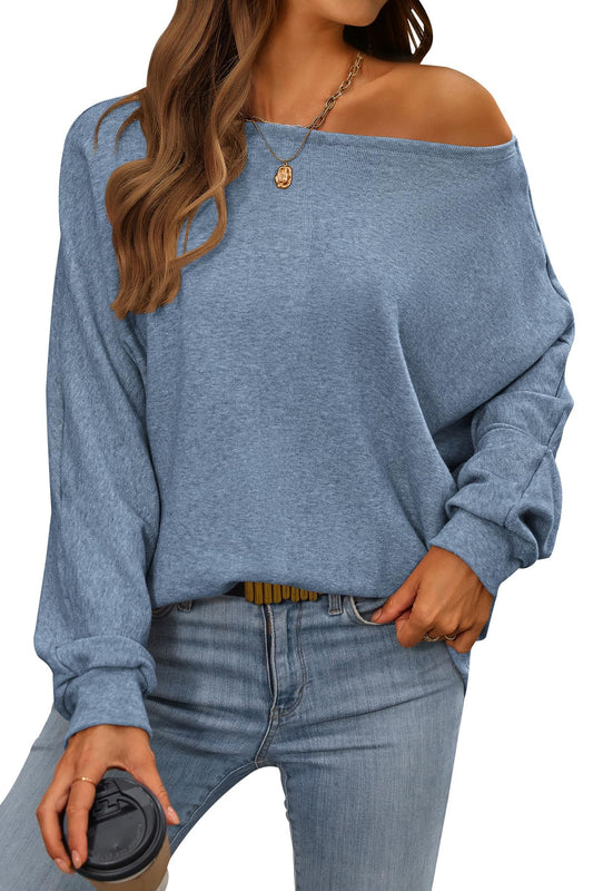 CFLONGE Women's Fall Sweaters 2024 Casual Oversize Pullover Batwing Long Sleeve Drop Shoulder Sweater Loose Knit Jumper Tops(Grey Blue,Medium) - Bella Blue Styles