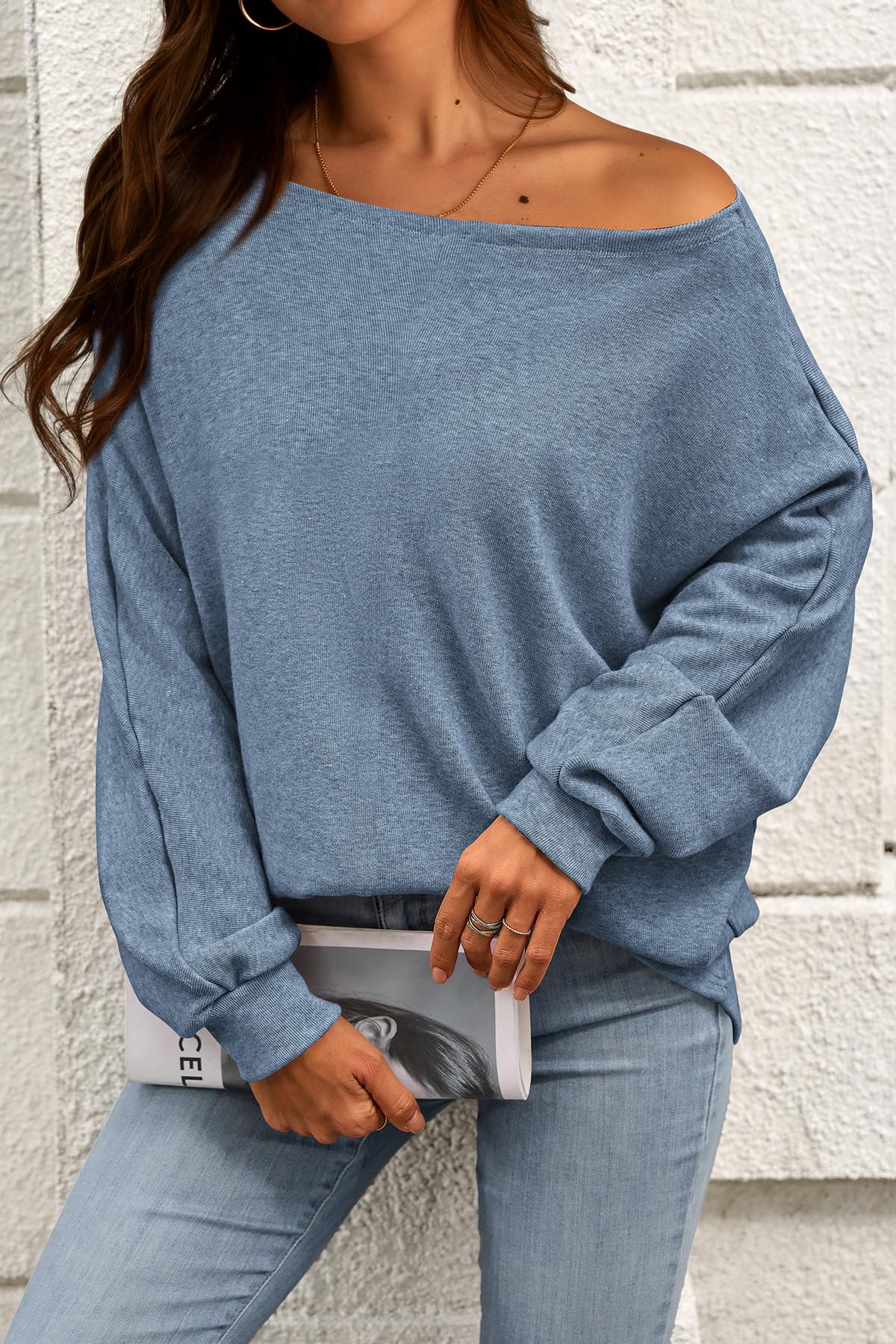 CFLONGE Women's Fall Sweaters 2024 Casual Oversize Pullover Batwing Long Sleeve Drop Shoulder Sweater Loose Knit Jumper Tops(Grey Blue,Medium) - Bella Blue Styles