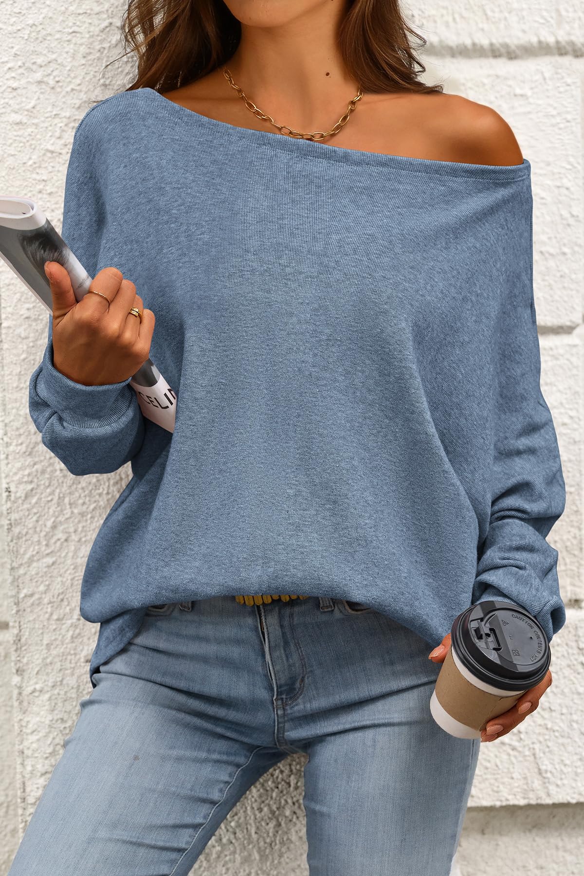 CFLONGE Women's Fall Sweaters 2024 Casual Oversize Pullover Batwing Long Sleeve Drop Shoulder Sweater Loose Knit Jumper Tops(Grey Blue,Medium) - Bella Blue Styles