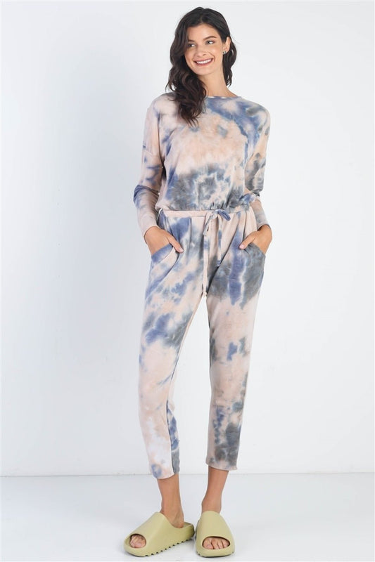 Cherish Apparel Tie - Dye Round Neck Long Sleeve Jumpsuit - Bella Blue Styles