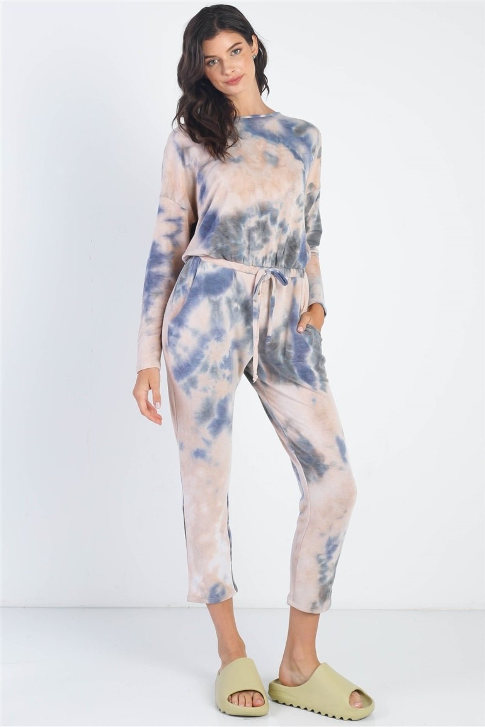 Cherish Apparel Tie - Dye Round Neck Long Sleeve Jumpsuit - Bella Blue Styles