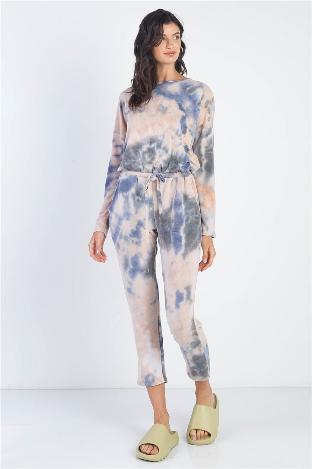 Cherish Apparel Tie - Dye Round Neck Long Sleeve Jumpsuit - Bella Blue Styles