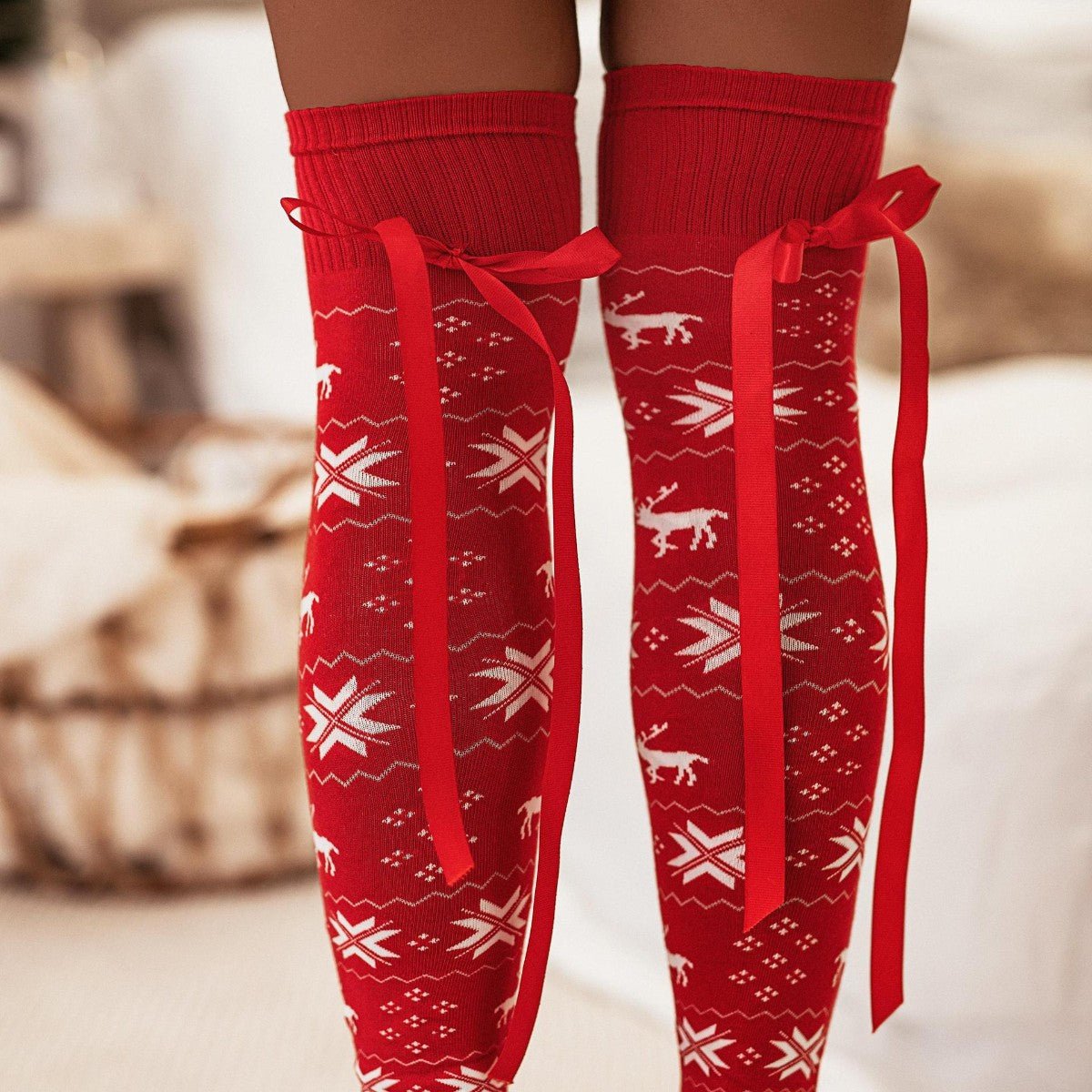 Christmas Element Bowknot Ribbed Trim Over Knee Stockings - Bella Blue Styles