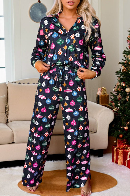 Christmas Lights Print Collared Neck Top and Pants Set - Bella Blue Styles